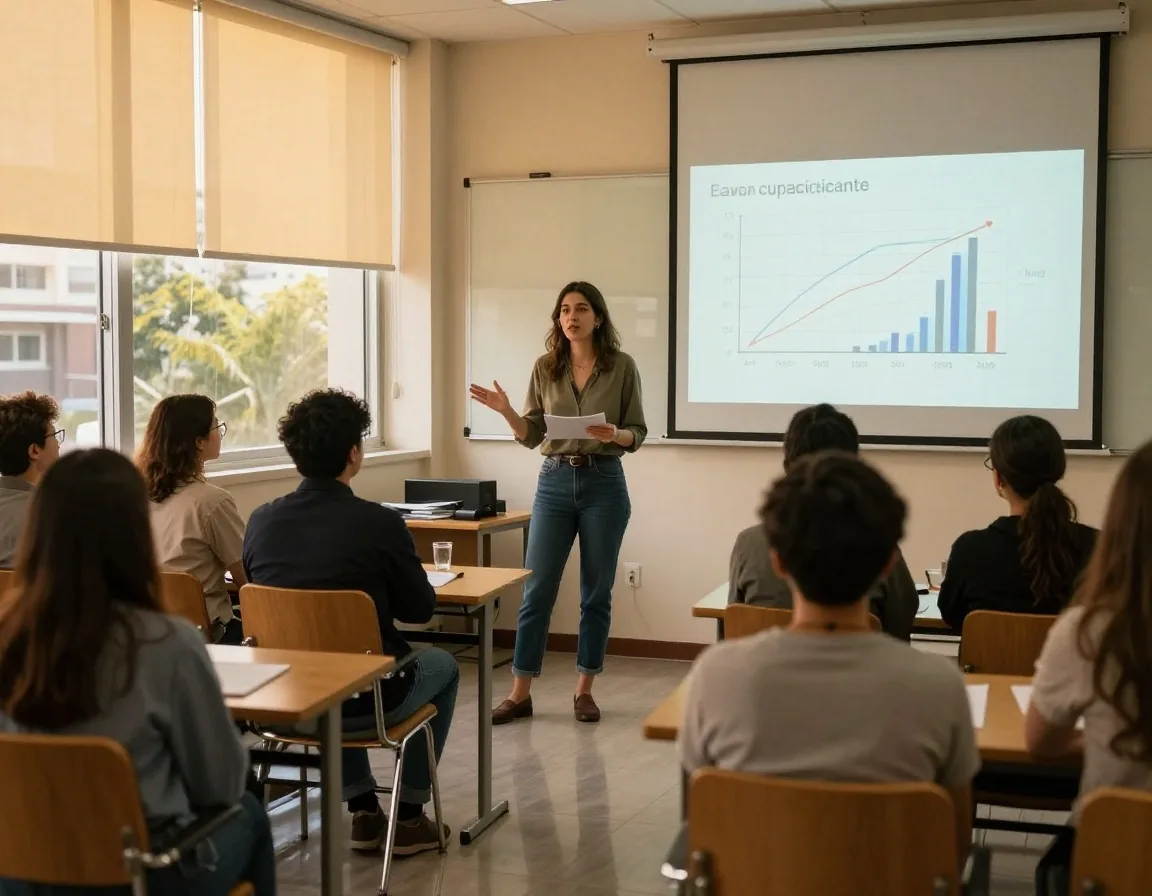 Estudiante presentando su proyecto final con gráficos impresos