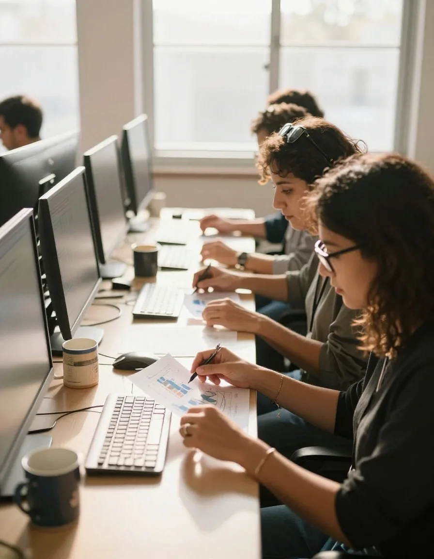 Personas estudiando gráficos impresos en una mesa compartida con luz de mañana