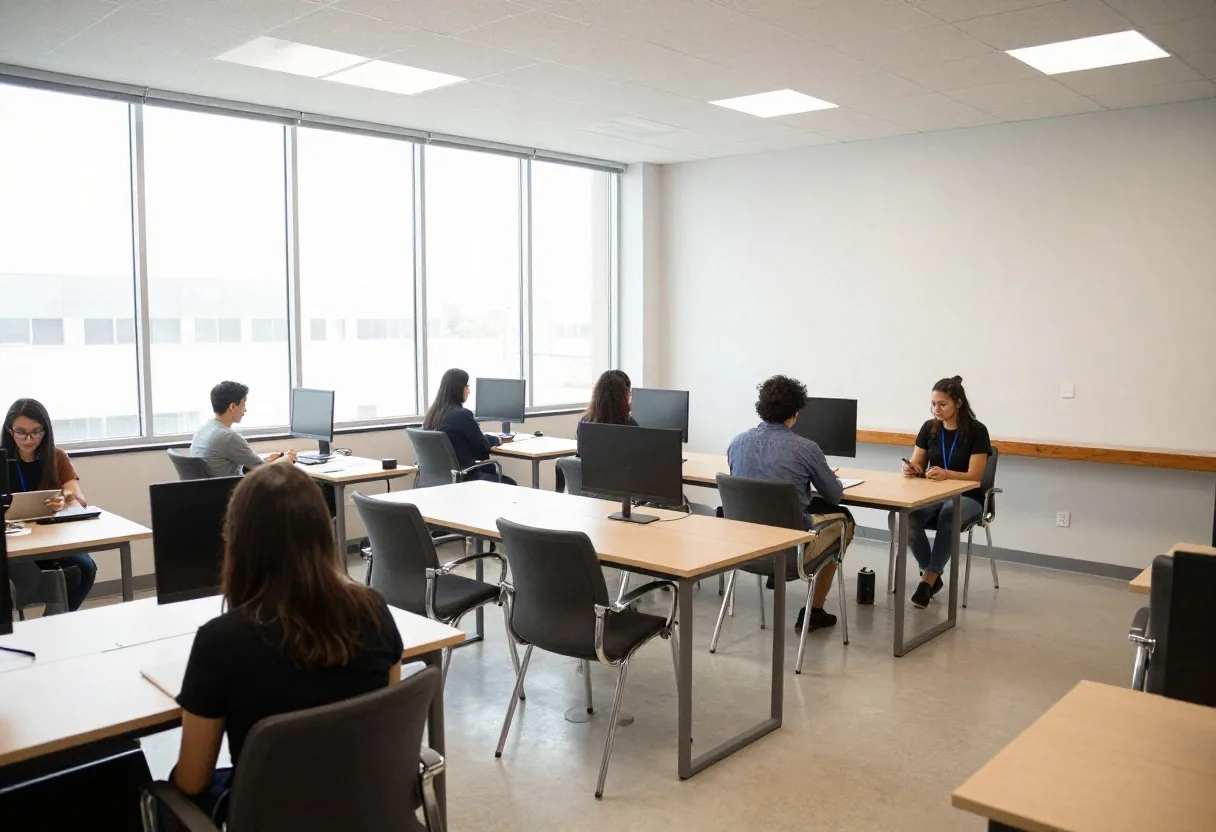 Archivo ordenado de materiales del curso en una oficina luminosa
