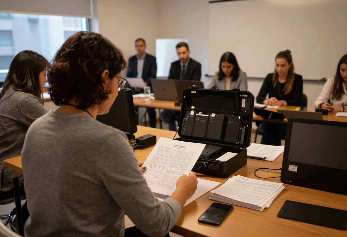 Docente revisando gráficos en su computadora junto a planillas impresas