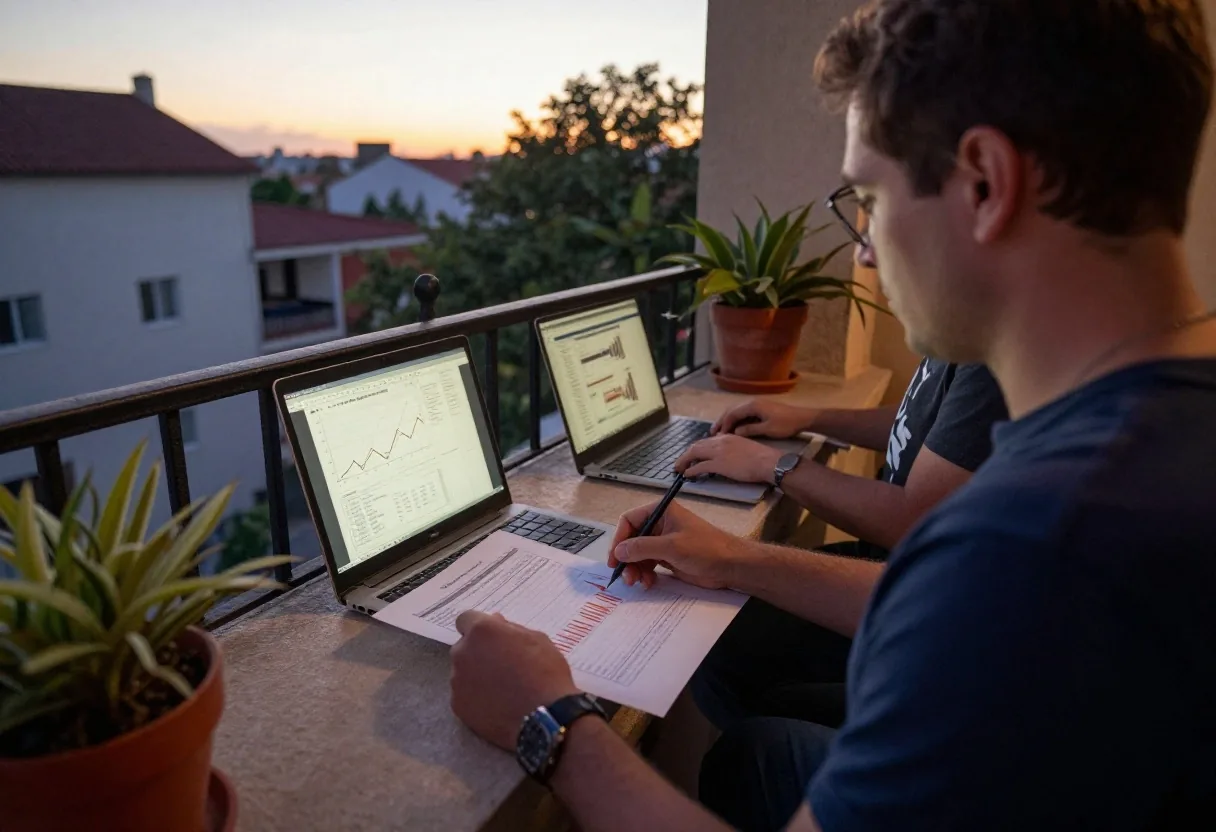 Dos estudiantes revisando juntos un gráfico de barras impreso