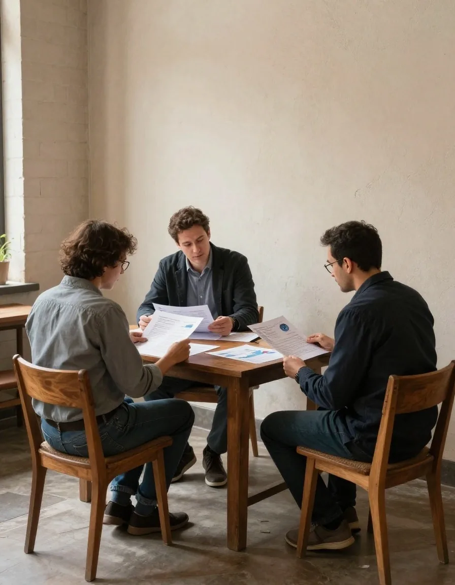 Dos personas revisando gráficos impresos en una mesa