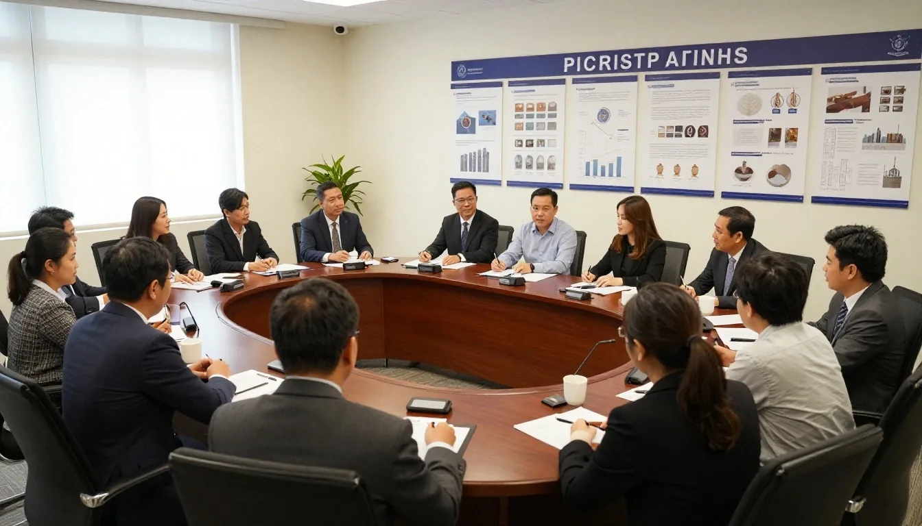 Mesa de reunión con informes impresos y gráficos en revisión