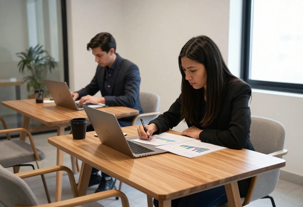 Profesional revisando gráficos en una computadora junto a una ventana