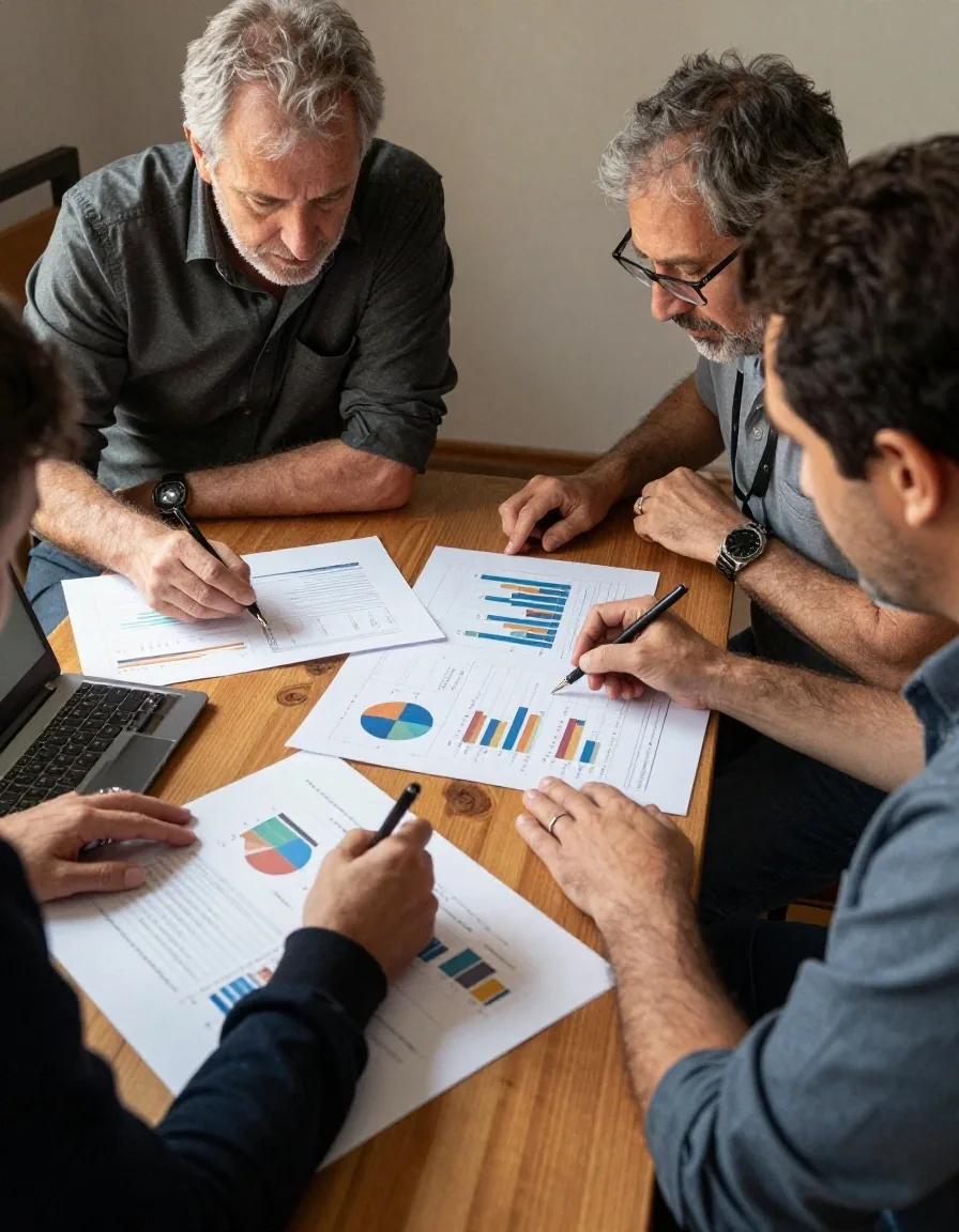 Docente trabajando con datos en una computadora junto a gráficos impresos